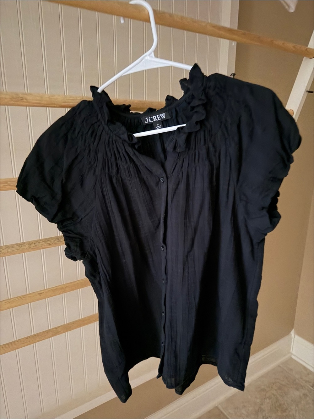 J. Crew Black Short-Sleeve Ruffle Button-Up Blouse